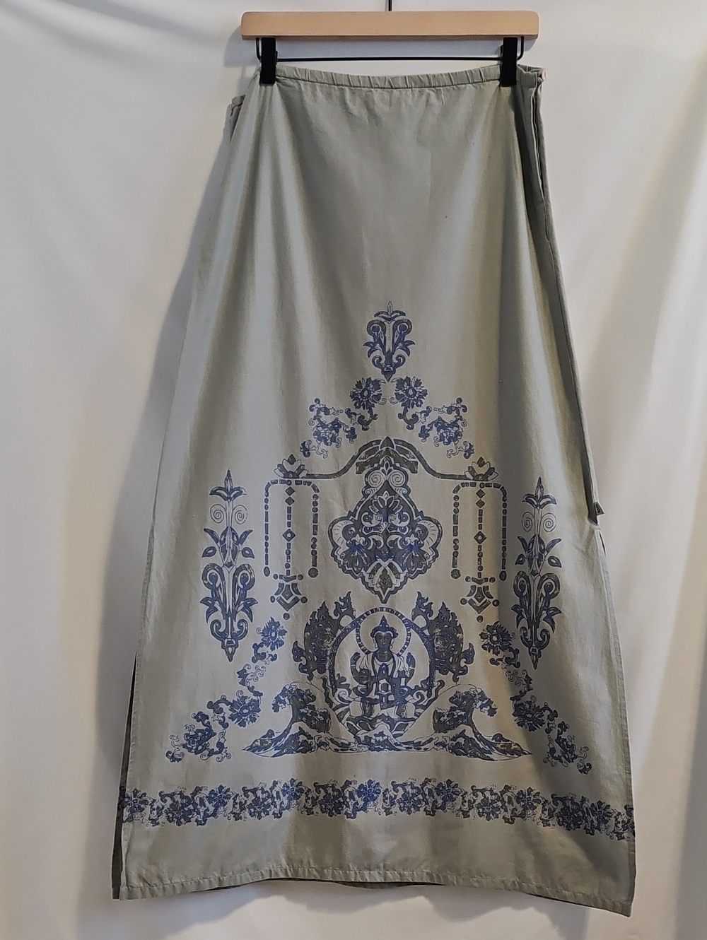 Vintage Split Girl Green/Blue Buddha Graphic Medallion Maxi Skirt Med 100 Cotton
